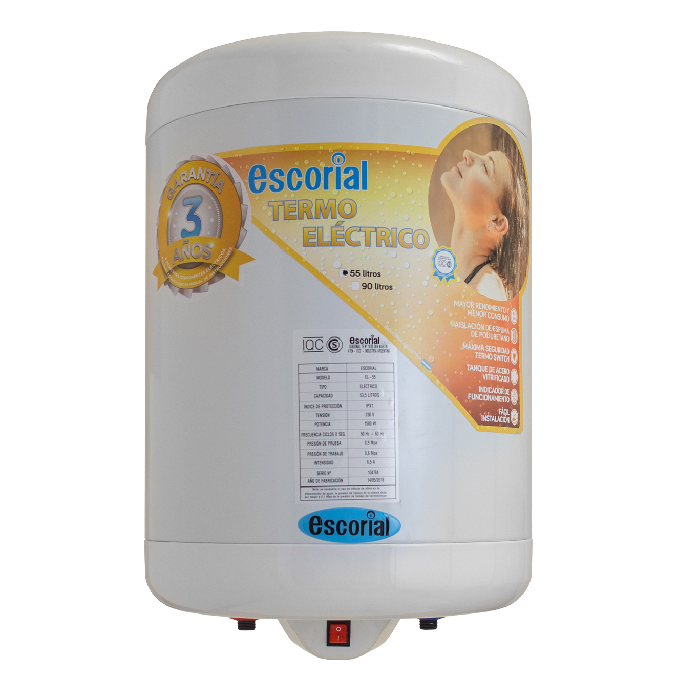 Termotanque Eléctrico Escorial 55 Lts