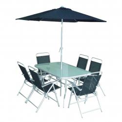 Set de Jardin Mesa + 6 Sillas + Sombrilla Negro