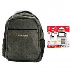 Combo Mochila Samsung Gris + Memorias Maxell MicroSD 32GB Clase 10 c + Adaptador SD