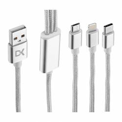 Cable 3 en 1 Lightning Tipo C y Micro USB Plateado